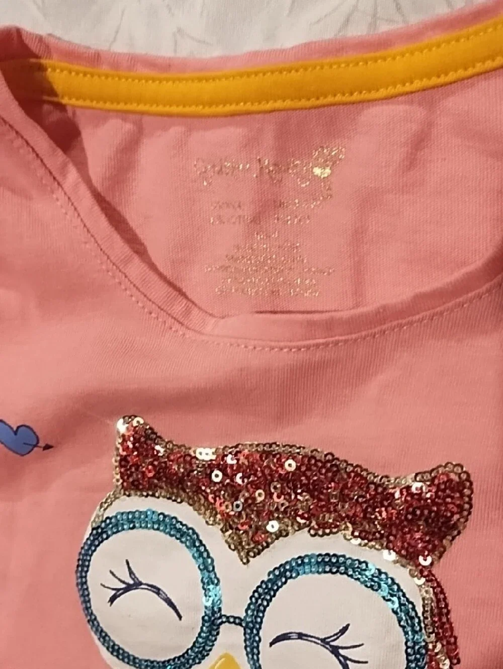 💥3/$5 Sale Cynthia Howie Pink Sequin Owl Ruffle Sleeve Tee EUC Size 4. So Cute.